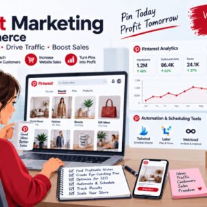 Pinterest marketing for eCommerce course cover showing pins, analytics, and ads boosting store sales.
