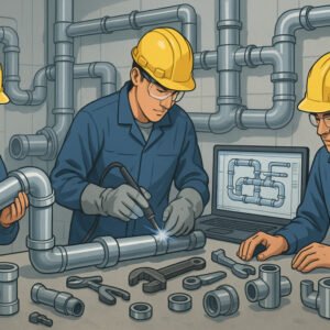Student learning pipe fitting advanced diploma techniques with tools and systems