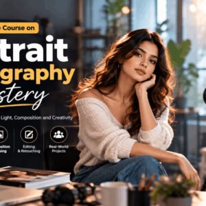 Portrait photography mastery course image showing model in creative lighting setup