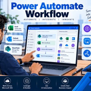 Student learning Power Automate workflow, building flows, and automating tasks