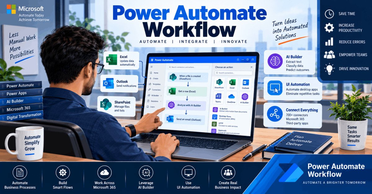 Student learning Power Automate workflow, building flows, and automating tasks