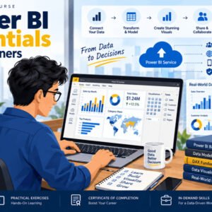 Power BI for Beginners course showing data dashboards, charts, and reports.