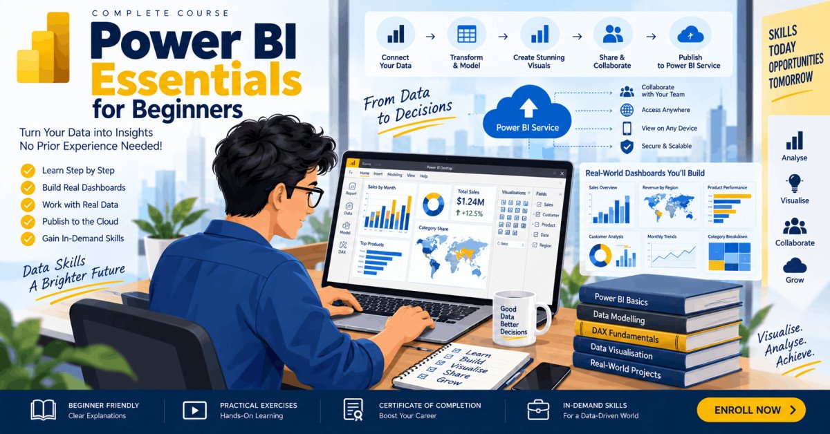 Power BI for Beginners course showing data dashboards, charts, and reports.