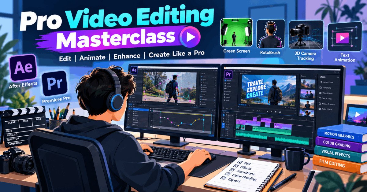 Student editing with After Effects and Premiere Pro showing motion tracking and advanced effects in a creative workspace.