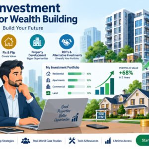 Illustration of property investment strategies with homes, graphs, and growth arrows.
