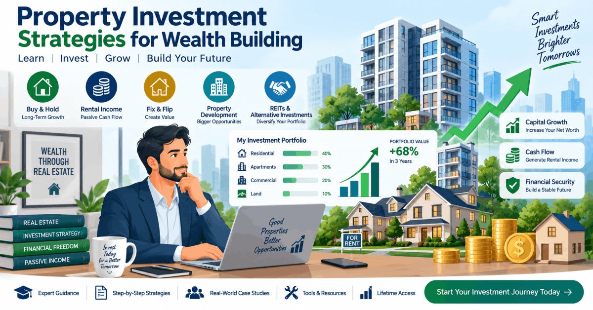 Illustration of property investment strategies with homes, graphs, and growth arrows.