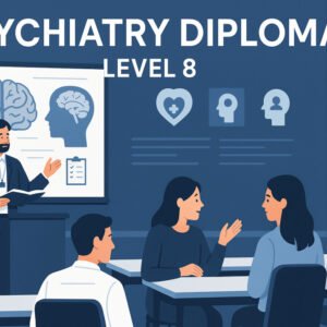 Psychiatry Diploma Level 8 illustration showing students learning psychiatry in a modern UK classroom.