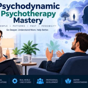 Illustration of psychodynamic psychotherapy session with therapist and client in safe, supportive environment.