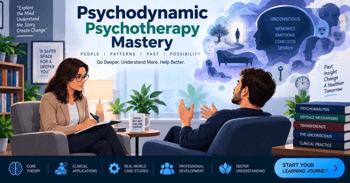 Illustration of psychodynamic psychotherapy session with therapist and client in safe, supportive environment.