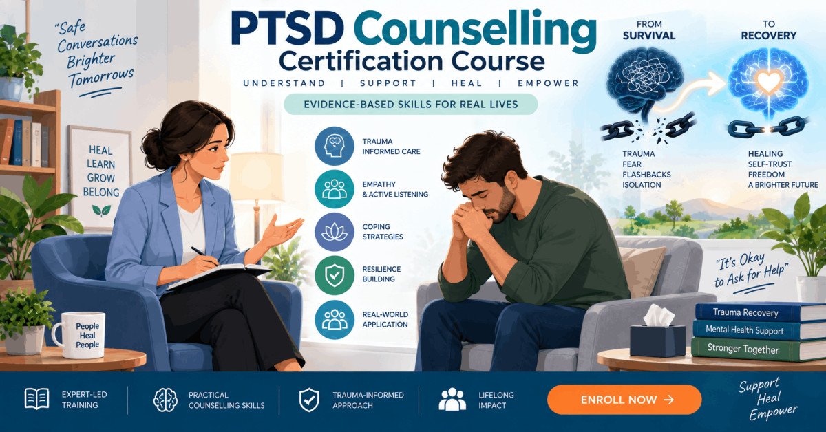 Illustration of PTSD counselling session and trauma management training.