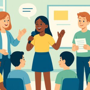 Teens learning public speaking with confidence, guided by a mentor in a supportive classroom setting.