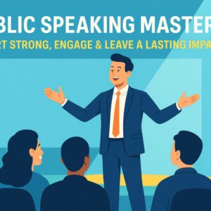 Illustration of confident speaker engaging audience, public speaking mastery concept.