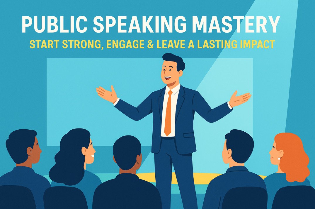 Illustration of confident speaker engaging audience, public speaking mastery concept.