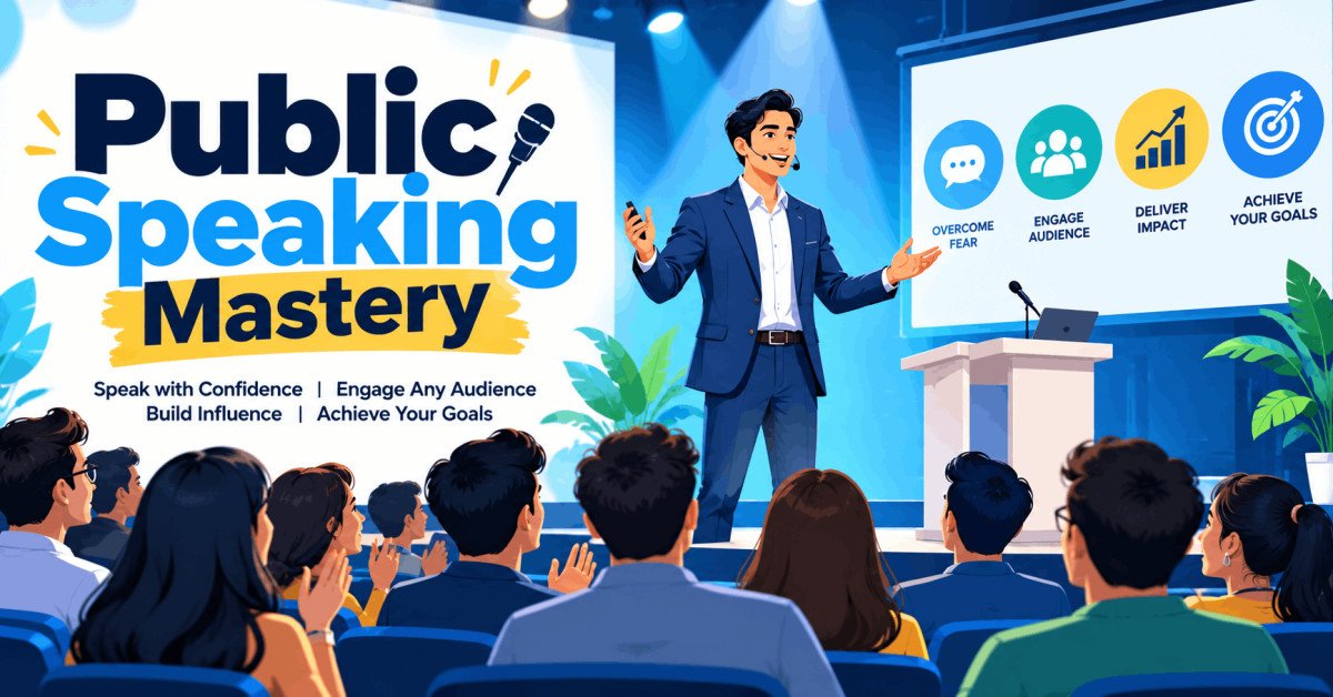 Illustration of confident speaker engaging audience, public speaking mastery concept.