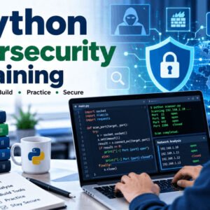 Student learning cybersecurity with Python ethical hacking scripts, coding tools, and hacking lab setup.