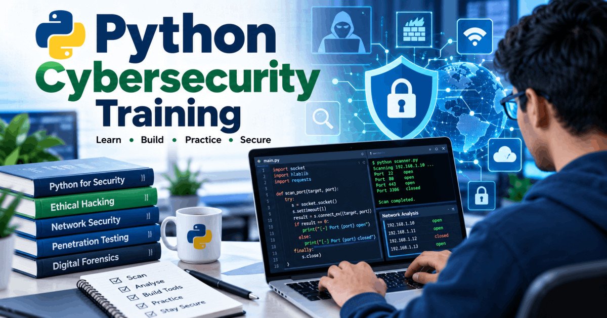 Student learning cybersecurity with Python ethical hacking scripts, coding tools, and hacking lab setup.