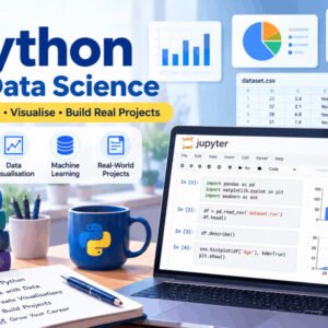 Illustration of Python for data science basics with laptop, code, and data charts.
