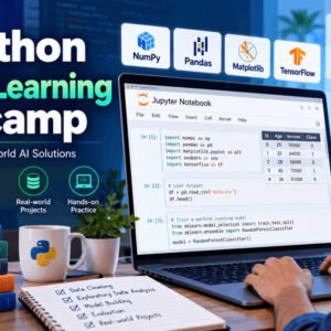 Python machine learning bootcamp illustration showing data analysis, visualization, and deep learning with Python tools.