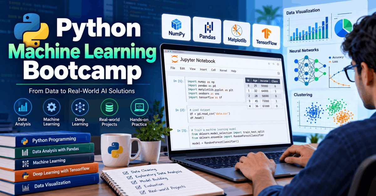 Python machine learning bootcamp illustration showing data analysis, visualization, and deep learning with Python tools.