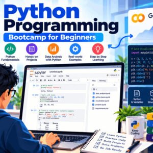 Beginner learning Python programming bootcamp on laptop with code and notebooks open.