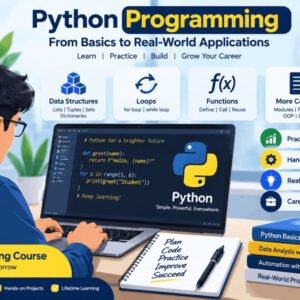 Illustration of a student learning Python programming course, showing coding screen and Python logo.