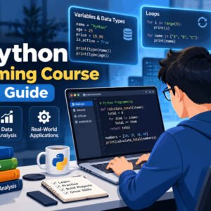 Student coding on laptop, learning data types and loops in a Python programming course complete guide