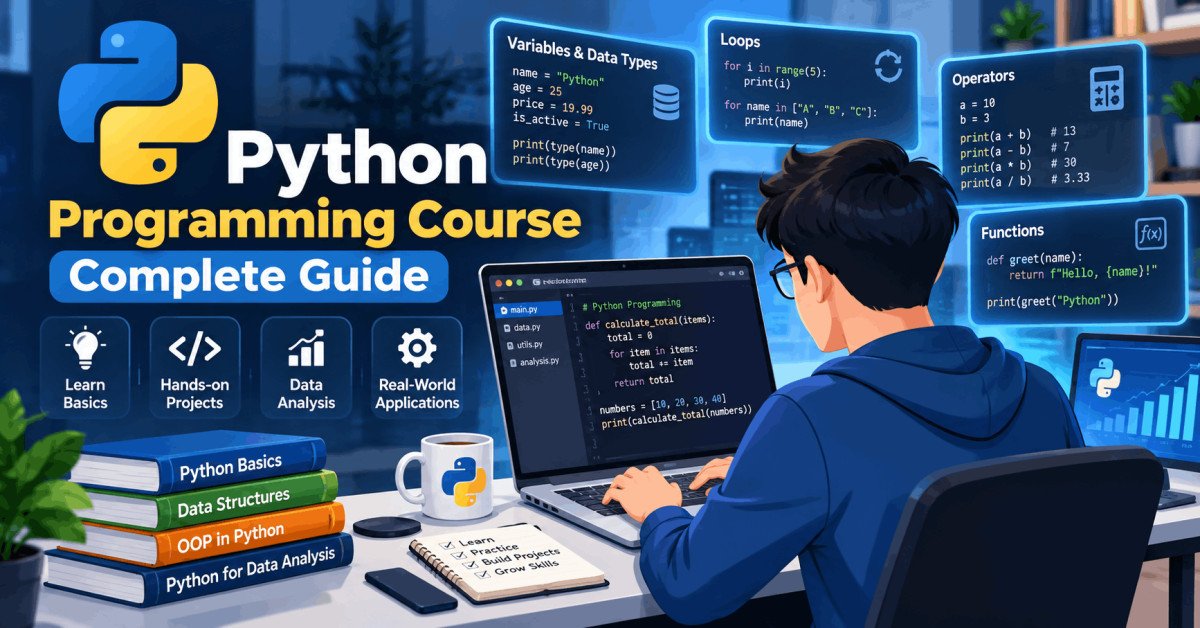 Student coding on laptop, learning data types and loops in a Python programming course complete guide