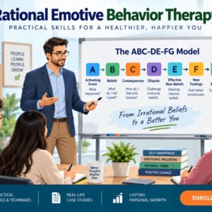 Instructor guiding students through Rational Emotive Behavior Therapy principles and practical techniques.