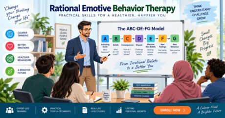 Instructor guiding students through Rational Emotive Behavior Therapy principles and practical techniques.