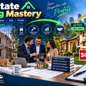 Illustration of real estate flipping with houses, contracts, and profits – Real Estate Flipping Mastery Guide