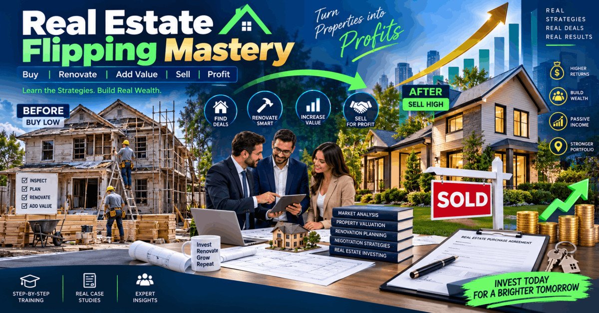 Illustration of real estate flipping with houses, contracts, and profits – Real Estate Flipping Mastery Guide