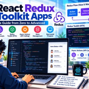 Student coding Redux React Redux Toolkit apps with state management diagram on screen
