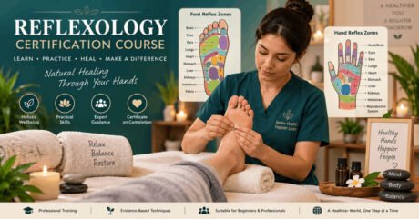 Reflexology certification course showing hands and feet reflex points with techniques