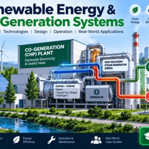 Renewable energy co-generation concept with solar panels, turbines, and heat recovery systems.