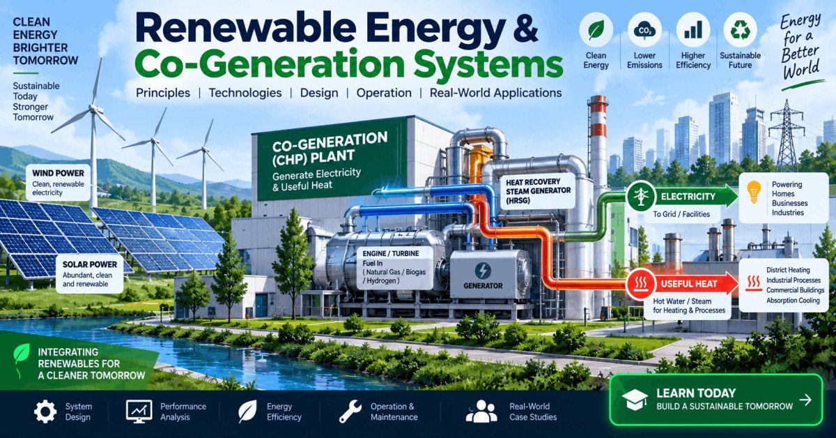 Renewable energy co-generation concept with solar panels, turbines, and heat recovery systems.