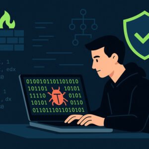 reverse engineering malware analysis illustration with hacker, code, and cybersecurity shield