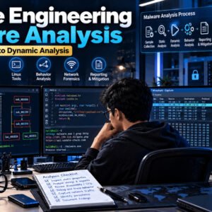 Cybersecurity expert analyzing malware on dual monitors with code and network diagrams, reverse engineering malware analysis course
