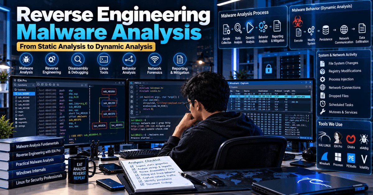 Cybersecurity expert analyzing malware on dual monitors with code and network diagrams, reverse engineering malware analysis course