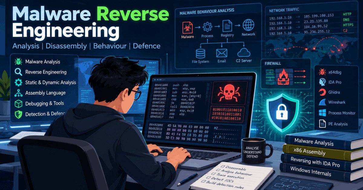 reverse engineering malware analysis illustration with hacker, code, and cybersecurity shield