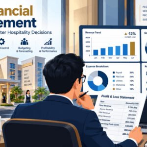 Illustration of hotel rooms division financial management with P&L, revenue, and expenses overview.