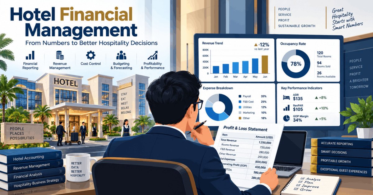 Illustration of hotel rooms division financial management with P&L, revenue, and expenses overview.