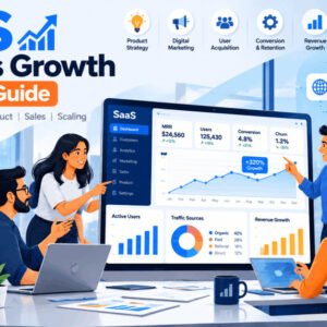 Flat-style digital illustration showing SaaS business growth with laptops, charts, cloud icons, and team collaboration.