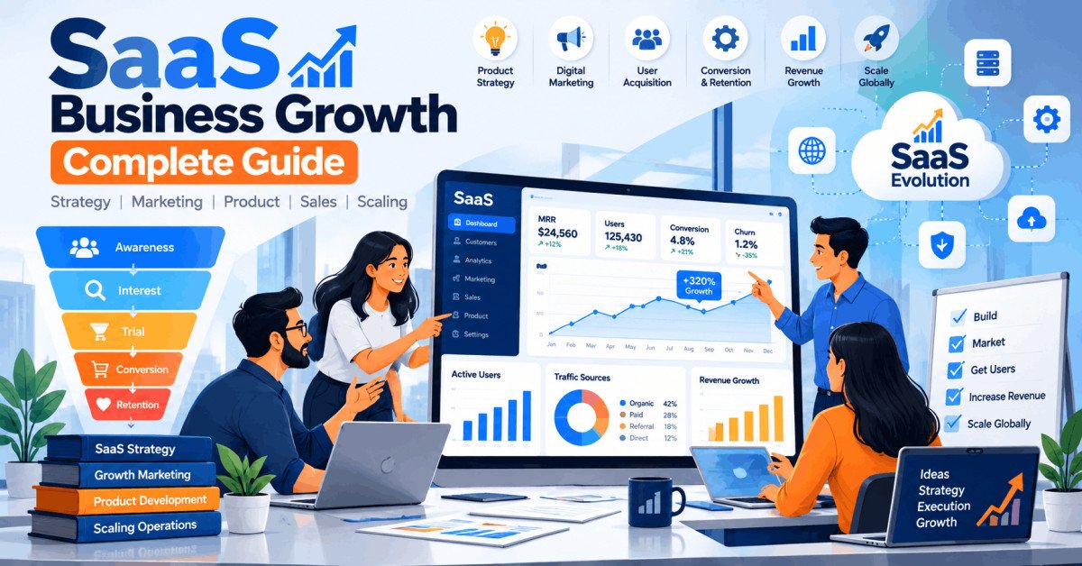 Flat-style digital illustration showing SaaS business growth with laptops, charts, cloud icons, and team collaboration.