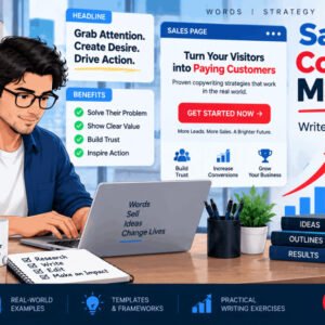 Illustration of copywriter crafting sales page copywriting secrets on laptop with headlines and call-to-action notes.