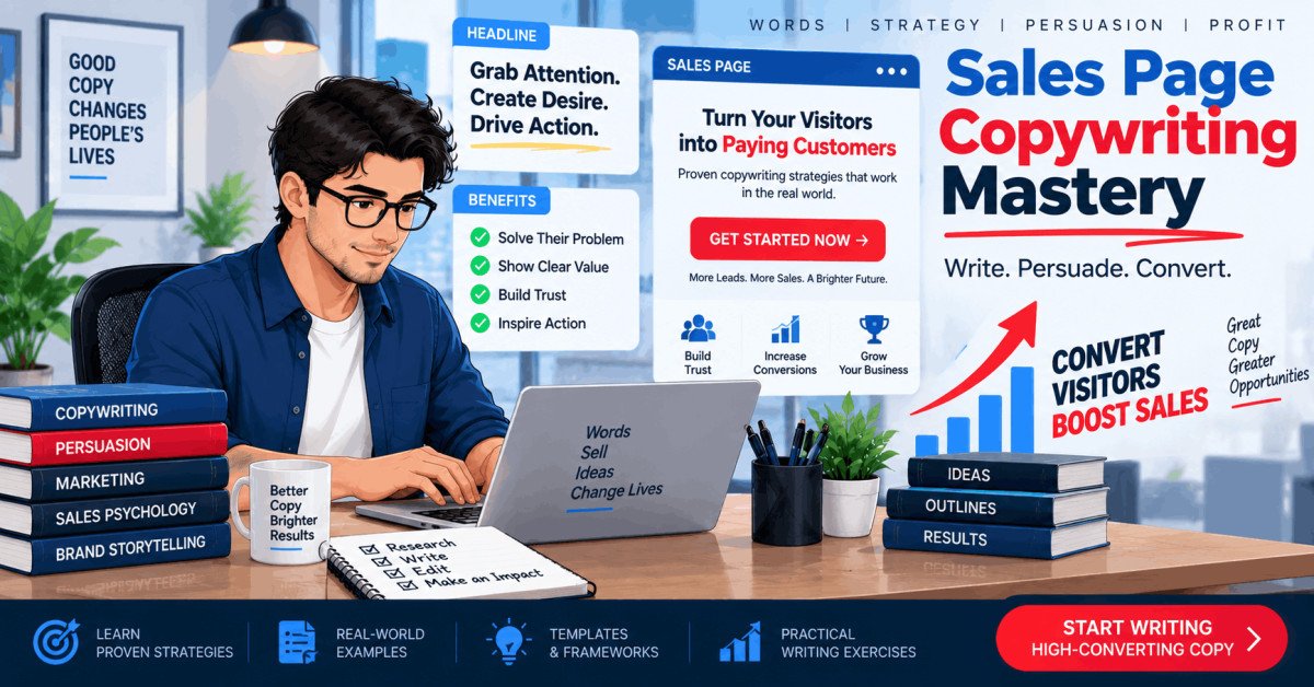 Illustration of copywriter crafting sales page copywriting secrets on laptop with headlines and call-to-action notes.