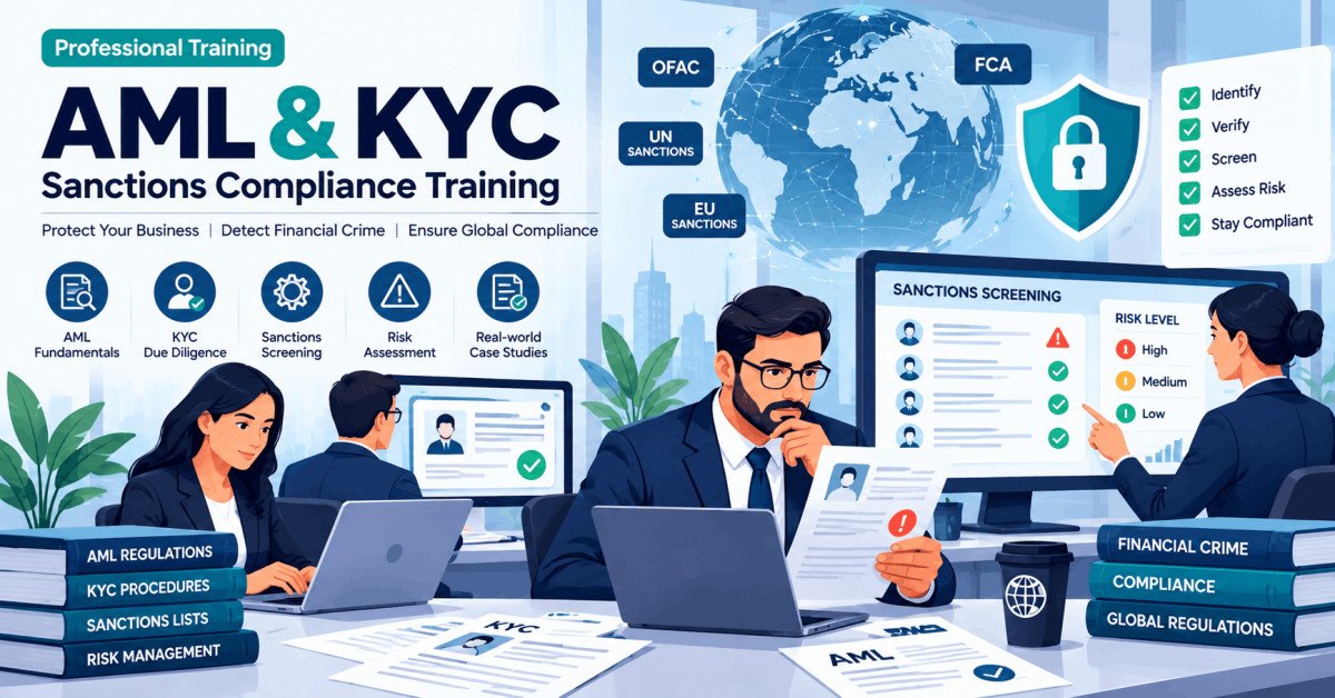 Financial professionals learning sanctions compliance training with AML and KYC concepts.