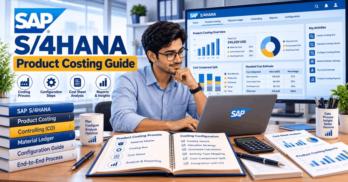 Illustration of SAP S/4HANA product costing process with standard costing and configuration setup.