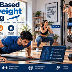 Man doing push ups in a modern gym, representing science based bodyweight training workout program.