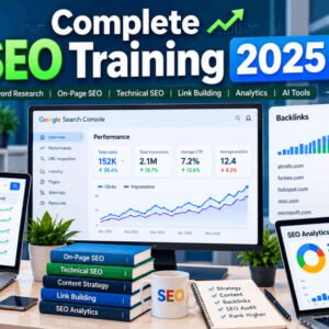 SEO training 2025 course image showing keyword research and link building strategy