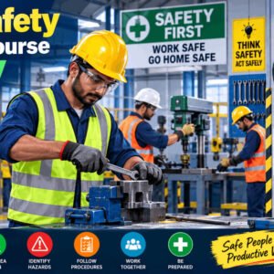 Shop safety training guide illustration with PPE, fire extinguisher, and safety signage.